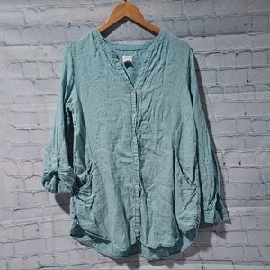 Sigrid Olsen Medium 100% Linen Tunic Top Green Roll Tab Button Up V Neck Beach